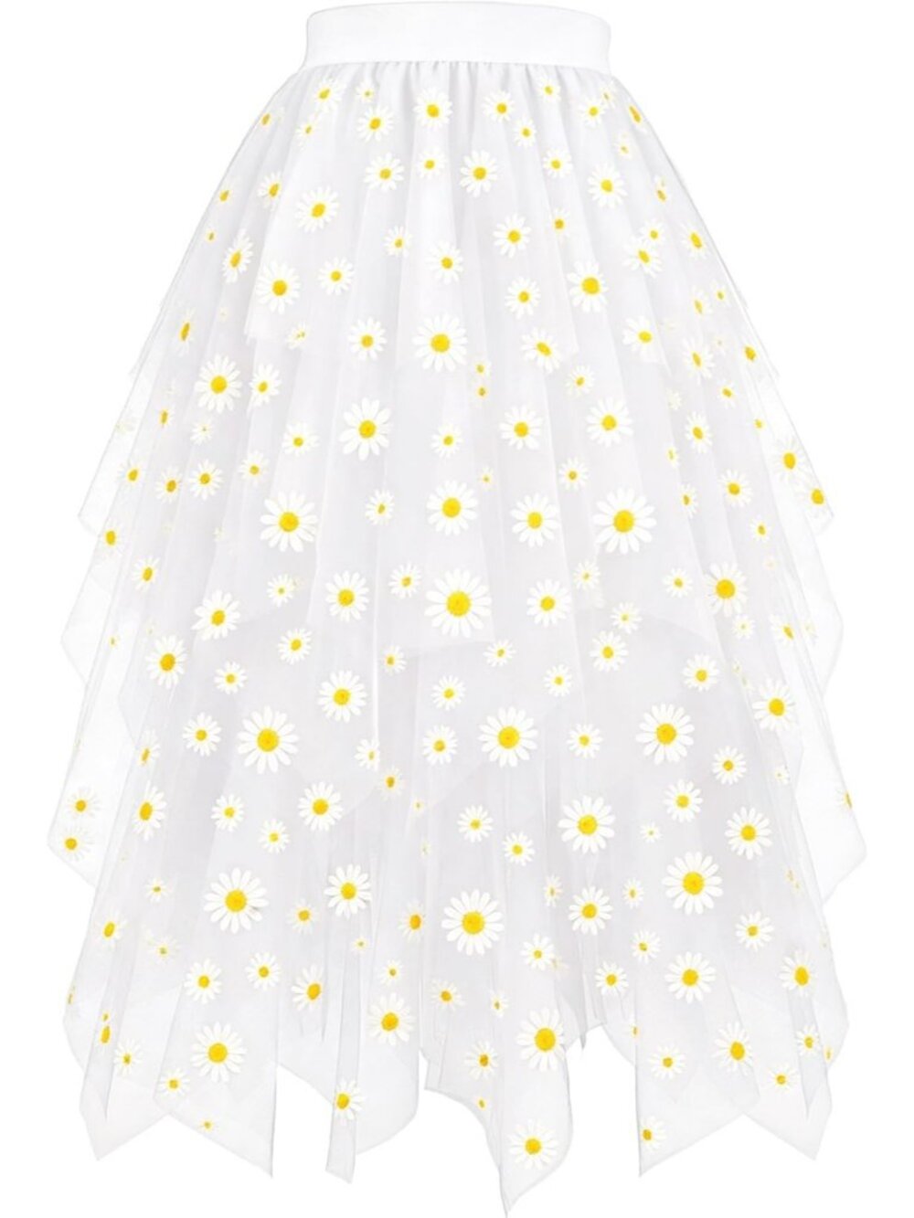 Women's Star Sequined Tulle High Low Layered White Daisy Mesh Midi Skirt